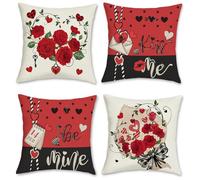Bonhause Valentine's Day Cushion Covers 45 x 45 cm Red Rose Love Heart Decorative Throw Pillow Covers for Sofa Couch Bed Home Outdoor Valentine's Day Decor Set of 4