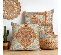 Bonhause Vintage Boho Cushion Covers 45 x 45 cm Bohemian Floral Orange Decorative Throw Pillow Covers Polyester Linen Pillowcases for Sofa Couch Bed Home Decor Set of 2
