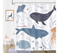 Bonhause Whale Fish Shower Curtain 180 x 180 cm Kids Ocean Animal Bathroom Curtain Waterproof Mildew & Mould Resistant Polyester Fabric Bath Curtain with 12 Hooks