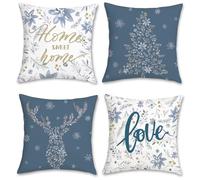 Bonhause Winter Christmas Cushion Covers 45 x 45 cm Blue Grey Flowers Leaves Decorative Throw Pillow Covers Pillowcases for Sofa Home Winter Holiday Decor Set of 4