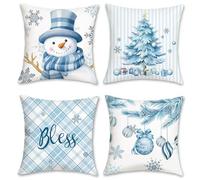 Bonhause Winter Christmas Cushion Covers 45 x 45 cm Snowman Xmas Tree Snowflakes Stripes Plaid Blue Decorative Throw Pillow Covers for Sofa Couch Bed Home Xmas Holiday Decor Set of 4
