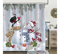 Bonhause Winter Christmas Snowman Shower Curtain Pine Branches Wooden Plank Farmhouse Bathroom Curtain 180 x 180 cm Waterproof Mildew & Mould Resistant Polyester Fabric Bath Curtain with 12 Hooks