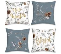 Bonhause Winter Cushion Covers 45 x 45 cm Grey Pine Cone Leaves Blessed Decorative Throw Pillow Covers for Sofa Bed Home Winter Holiday Decor Set of 4