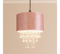 Easy Fit Pink Glitter Cylinder Ceiling Pendant Drum Light Shade with Clear Acrylic Jewel Droplets - LED Bulb Included
