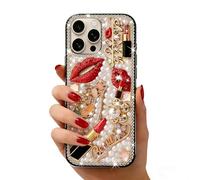 Bonitec Compatible with iPhone 15 Pro Bling Case for Women Girls Luxury 3D Diamond Crystal Rhinestone Lipstick Lips High Heels Floral Sparkle Pearl Glitter Protective Girly Cute Designer Clear