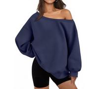 BONITEE Women Casual Long Sleeve Sweatshirts 2026 Fall Off the Shoulder Pullover Sexy One Shoulder Tops Cute Loose Hoodies Navy Blue,M