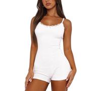 BONITEE Women One Piece Romper Sleeveless Jumpsuits Summer Cute Bodysuits Shorts Casual Sexy Strap Tank Tops Camisole Pajamas White,L