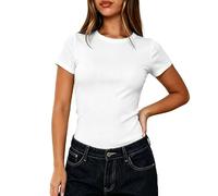 BONITEE Women Summer Ribbed Basic Tops Casual Short Sleeve T-Shirts 2026 Trendy Slim Fit Knit Tank Shirts Classic Tees Top White,XL