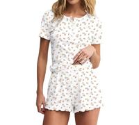 BONITEE Womens 2 Piece Pajama Set Casual Round Neck Tops Summer Lounge Outfit 2026 Cute PJ Shorts Clothing Set White-Pink Roses,S