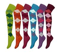 Bonjour - (6 Pairs Women's Argyle Stripe Black Premium Cotton Ladies Over the Knee Socks - UK Size 4-8