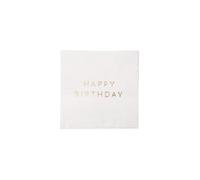 Bonjour Fête White & Gold Happy Birthday Small Party Paper Napkins | 3-Ply Premium Cocktail Napkins | Gold Foil | Party Table Decor | Pack of 20, 5" Folded