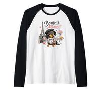 Bonjour Madame Dachshund Paris Cafe Dog Lover Raglan Baseball Tee
