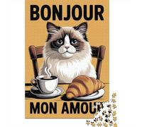 Bonjour Mon Amour Cat with Coffee And Croissant 1000 Piece Jigsaw Puzzle, 52x38cm/1000pcs, for Adults, White Cardboard, Gift Idea for Puzzle Lovers And Family Time