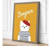 Bonjour Parisian Cat Modern Canvas Wall Art Print 30x20 Inch (76 x 51 cm)