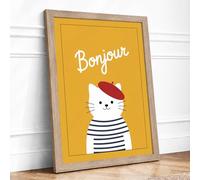 Bonjour Parisian Cat Modern Framed Wall Art Print A2 (59.4×42cm) Oak, Wall Decor for Living Room, Bedroom, Office & Home, Ready to Hang, Art Gift