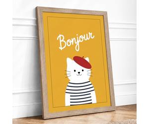 Bonjour Parisian Cat Modern Framed Wall Art Print A2 (59.4×42cm) Oak, Wall Decor for Living Room, Bedroom, Office & Home, Ready to Hang, Art Gift