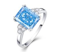 Bonlavie Created Aquamarine Silver Rings for Women 10x8mm Emerald Cut Blue Gemstone Promise Ring March Birthstone Wedding Ring Jewelry Gift Size N