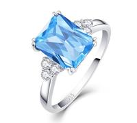 Bonlavie Created Aquamarine Silver Rings for Women 10x8mm Emerald Cut Blue Gemstone Promise Ring March Birthstone Wedding Ring Jewelry Gift Size S