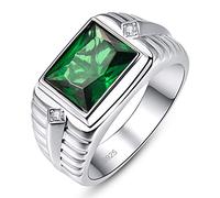 Bonlavie Emerald Rings for Men Fashion Emerald Cut 8 * 10mm Simulated Emerald Ring Round Cut White Cubic Zirconia CZ 925 Sterling Silver Bands Size T 1/2
