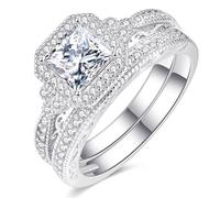 Bonlavie Engagement Rings Set for Women Princess and Round Cut White Cubic Zirconia Bridal Wedding Rings Set