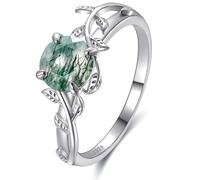 Bonlavie Round Cut Moss Agate Engagement Rings for Women 925 Sterling Silver Wedding Band With Vine Leaf Design Size J 1/2