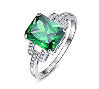 Bonlavie Silver Rings for Women Emerald Cut Created Green Emerald Cubic Zirconia Solitaire Wedding Engagement Promise Eternity Ring for ladies Size P 1/2