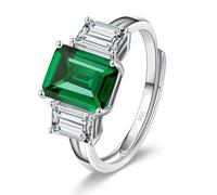 Bonlavie Three Stone Engagement Ring Adjustable Rings for Women Emerald Cut 925 Sterling Silver Ring Created Emerald Ring Open Wedding Ring Band