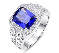 Bonlavie Wedding Bands for Men Created Blue Sapphire White CZ Halo Engagement Rings 4 Prong Setting Retro Pattern Design Silver Size T 1/2