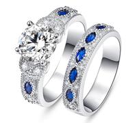 Bonlavie Wedding Rings Set for Women 3.5ct Round Cubic Zirconia Marquise Blue Sapphire Silver Engagement Ring Set size L 1/2