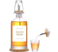 BONLONG 11.8OZ Glass Mouthwash Dispenser for Bathroom with Stainless Steel & Bamboo Nozzle, Mouthwash Cup Reusable, Bamboo Tray, and Elegant Gold Sticker.（Clear