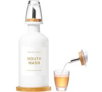 BONLONG 11.8OZ Mouthwash Dispenser for Bathroom with Bamboo & Stainless Steel Pour Spout, Mouthwash Cup Reusable, Bamboo Tray, and Elegant Gold Label. (White
