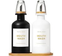 BONLONG 11.8OZ Mouthwash Dispenser for Bathroom with Bamboo & Stainless Steel Pour Spout, Mouthwash Cups Reusable, Bamboo Tray, and Elegant Gold Label. Set of 2(Black/White