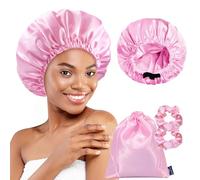 BONNET QUEEN Dual-Layer Reversible Silk Sleep Bonnet with Adjustable Elastic Band, Ladies' Night Cap for Curly Long Natural Straight Hair Wigs, Pink
