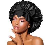 BONNET QUEEN Satin Bonnet Cool Breathable Single Layer Silk Bonnet for Sleeping Women Hair Cap Night Sleep Cap Scarf Wrap for Curly Hair with Tie Band, Black