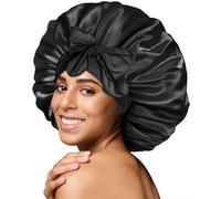 BONNET QUEEN Silk Bonnet for Sleeping for Curly Hair, Satin Bonnet Hair Wrap for Women & Men, Adjustable Silk Scarf Night Cap with Tie Band, Black, Large