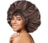 BONNET QUEEN Silk Bonnet for Sleeping for Curly Hair, Satin Bonnet Hair Wrap for Women & Men, Adjustable Silk Scarf Night Cap with Tie Band, Chocolate, Large