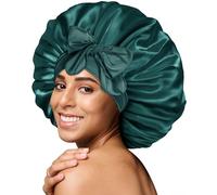 BONNET QUEEN Silk Bonnet for Sleeping for Curly Hair, Satin Bonnet Hair Wrap for Women & Men, Adjustable Silk Scarf Night Cap with Tie Band, Darkish Green, Medium