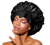 BONNET QUEEN Silk Bonnet for Sleeping for Curly Hair, Satin Bonnet Hair Wrap for Women & Men, Adjustable Silk Scarf Night Cap with Tie Band, Double Layer, Black, XL