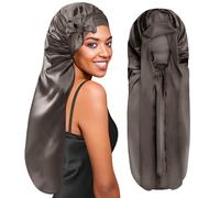 BONNET QUEEN Silk Bonnet for Sleeping Long Hair & Braids Extensions Hair, Satin Long Bonnet for Women, Adjustable Silk Scarf Night Cap with Tie Band, Gold Grey