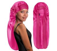 BONNET QUEEN Silk Bonnet for Sleeping Long Hair & Braids Extensions Hair, Satin Long Bonnet for Women, Adjustable Silk Scarf Night Cap with Tie Band, Hot Pink