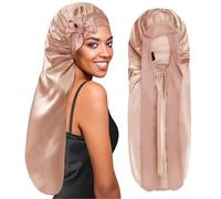 BONNET QUEEN Silk Bonnet for Sleeping Long Hair & Braids Extensions Hair, Satin Long Bonnet for Women, Adjustable Silk Scarf Night Cap with Tie Band, Champagne