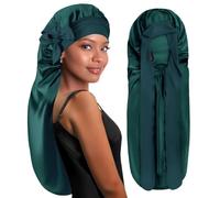 BONNET QUEEN Silk Bonnet for Sleeping Long Hair & Braids Extensions Hair, Satin Long Bonnet for Women, Adjustable Silk Scarf Night Cap with Tie Band, Dark Green