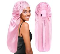 BONNET QUEEN Silk Bonnet for Sleeping Long Hair & Braids Extensions Hair, Satin Long Bonnet for Women, Adjustable Silk Scarf Night Cap with Tie Band, Pink