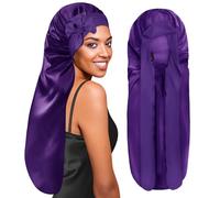 BONNET QUEEN Silk Bonnet for Sleeping Long Hair & Braids Extensions Hair, Satin Long Bonnet for Women, Adjustable Silk Scarf Night Cap with Tie Band, Dark Purple