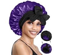 BONNET QUEEN Silk Bonnet Reversible for Sleeping for Curly Hair, Double Layer Sided Satin Bonnet for Women & Men, Adjustable Silk Scarf Night Cap with Tie Band, Black & Purple