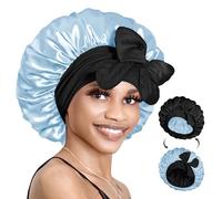 BONNET QUEEN Silk Bonnet Reversible for Sleeping for Curly Hair, Double Layer Sided Satin Bonnet for Women & Men, Adjustable Silk Scarf Night Cap with Tie Band, Black & Light Blue