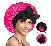 BONNET QUEEN Silk Bonnet Reversible for Sleeping for Curly Hair, Double Layer Sided Satin Bonnet for Women & Men, Adjustable Silk Scarf Night Cap with Tie Band, Black & Hot Pink