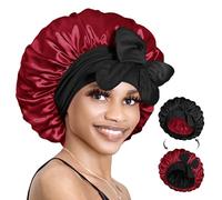 BONNET QUEEN Silk Bonnet Reversible for Sleeping for Curly Hair, Double Layer Sided Satin Bonnet for Women & Men, Adjustable Silk Scarf Night Cap with Tie Band, Black & Burgundy