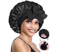 BONNET QUEEN Silk Bonnet Reversible for Sleeping for Curly Hair, Double Layer Sided Satin Bonnet for Women & Men, Adjustable Silk Scarf Night Cap with Tie Band, Black & Pink
