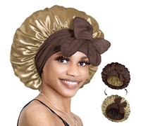 BONNET QUEEN Silk Bonnet Reversible for Sleeping for Curly Hair, Double Layer Sided Satin Bonnet for Women & Men, Adjustable Silk Scarf Night Cap with Tie Band, Chocolate & Gold